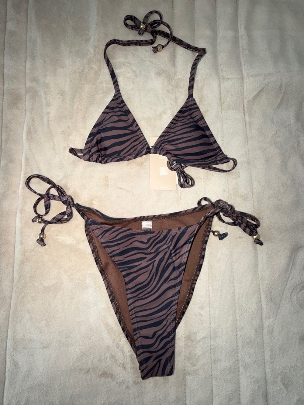 Brown Zebra Print Triangle String Bikini Set Beaded Tie Sides NWT